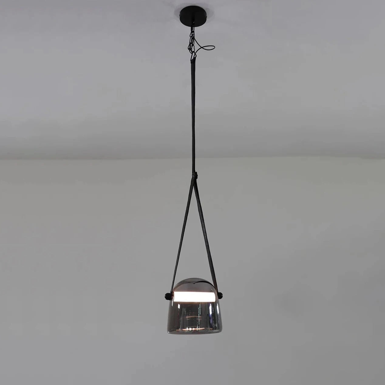 Hdc 1 Light Led Glass Smokey Black Pendant Lamp With Leather Strap Ceiling Light - Tricolor