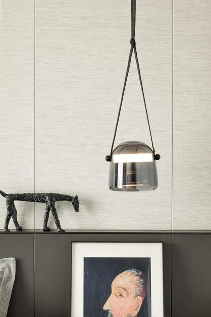 Hdc 1 Light Led Glass Smokey Black Pendant Lamp With Leather Strap Ceiling Light - Tricolor