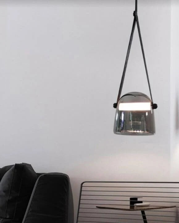 Hdc 1 Light Led Glass Smokey Black Pendant Lamp With Leather Strap Ceiling Light - Tricolor