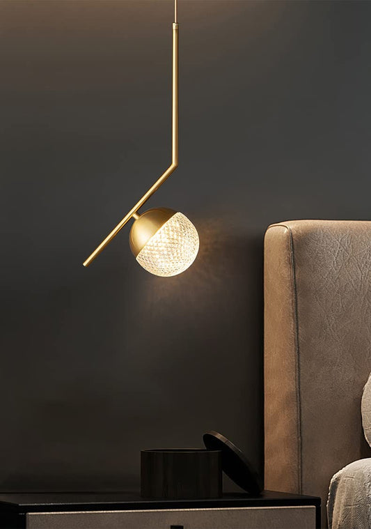 Hdc Modern Luxury Gold Crystal Pendant Hanging Lamp with Textured Glass Globe for Bedroom, Living Room & Dining Area