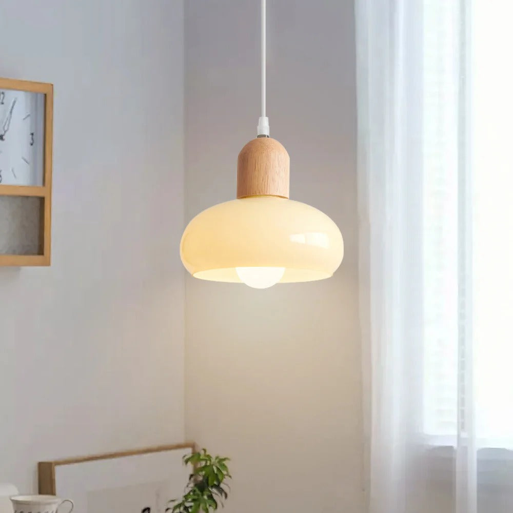 HDC Wood Dome Pendant Light Cream Glass Pendant Lighting for Dining Room Bedroom Bedside Living Room