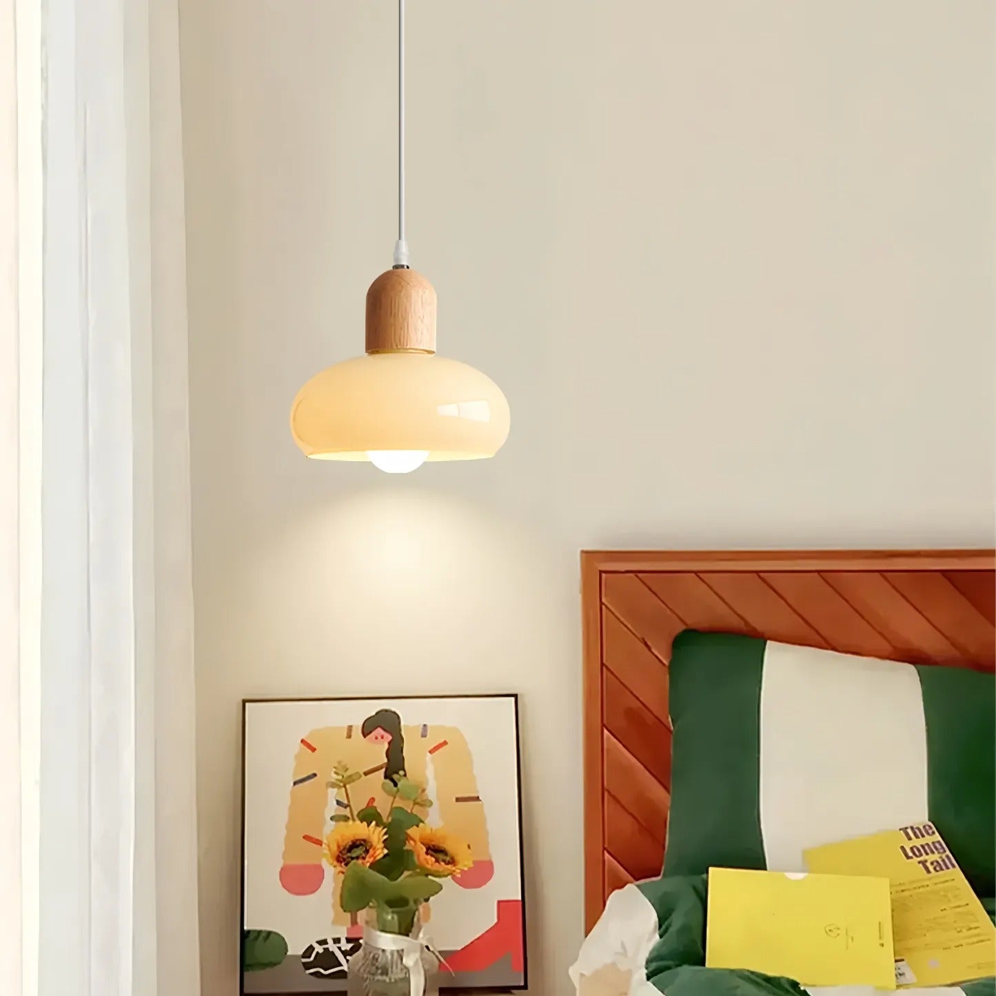 HDC Wood Dome Pendant Light Cream Glass Pendant Lighting for Dining Room Bedroom Bedside Living Room