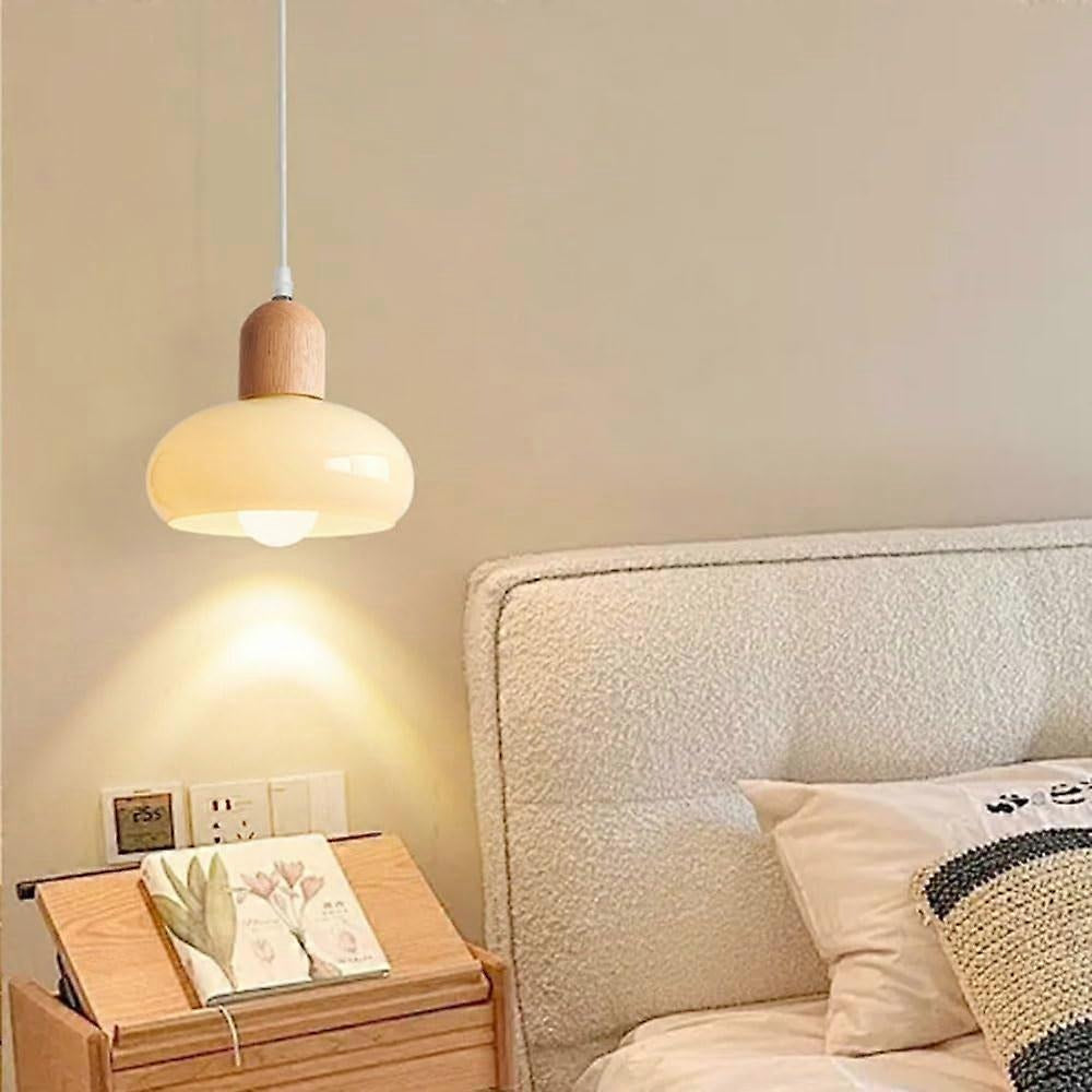 HDC Wood Dome Pendant Light Cream Glass Pendant Lighting for Dining Room Bedroom Bedside Living Room