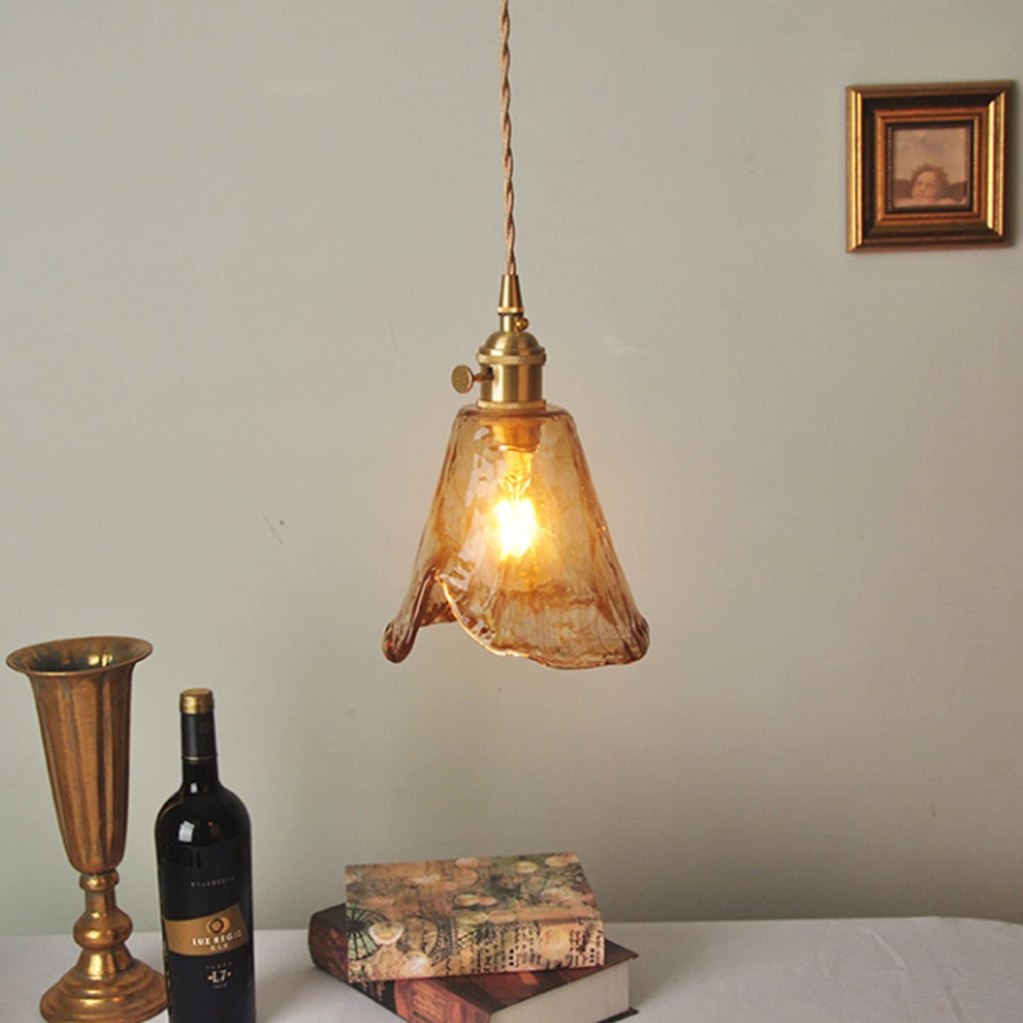 Hdc Modern Eclectic Amber Glass Geometric Copper Pendant Lamp Brass For Living Room, Restaurant