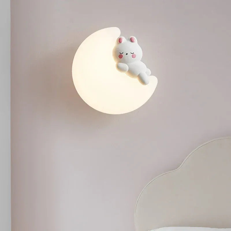 HDC Kids Milk White Shade Blue Ears LED Rabbit Cloud Wall Sconce for Boys Girls Room- Tricolor