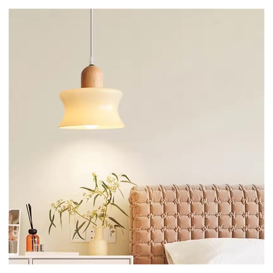 HDC Wood Dome Pendant Light Cream Glass Pendant Lighting Kitchen Island Hanging Ceiling Lamp Modern Wooden Suspended Lights for Dining Room Bedroom Bedside Living Room
