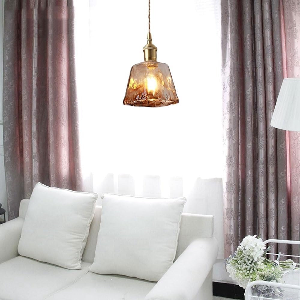 Hdc Modern Eclectic Amber Glass Geometric Copper Pendant Lamp Brass For Living Room, Restaurant