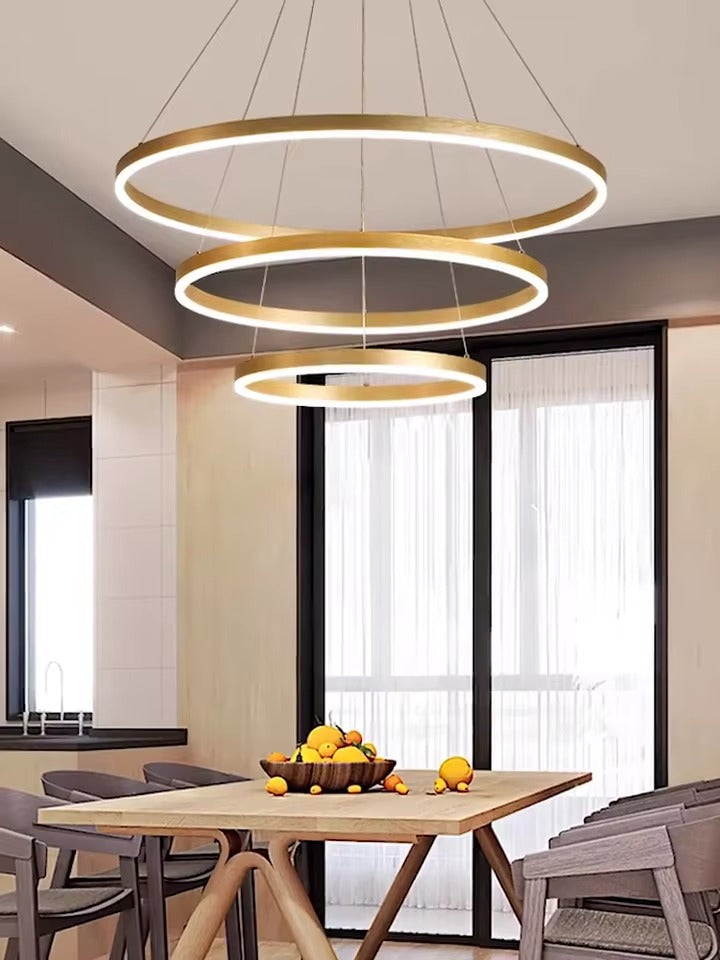 HDC 3 Light 3 Ring Gold Brushed Metal Led Chandelier Hanging Ceiling Lamp - Warm White