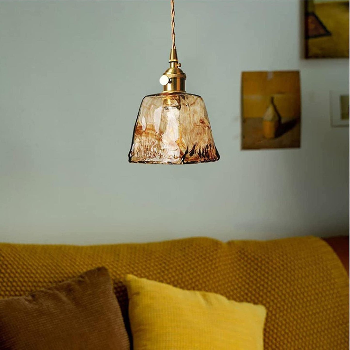 Hdc Modern Eclectic Amber Glass Geometric Copper Pendant Lamp Brass For Living Room, Restaurant