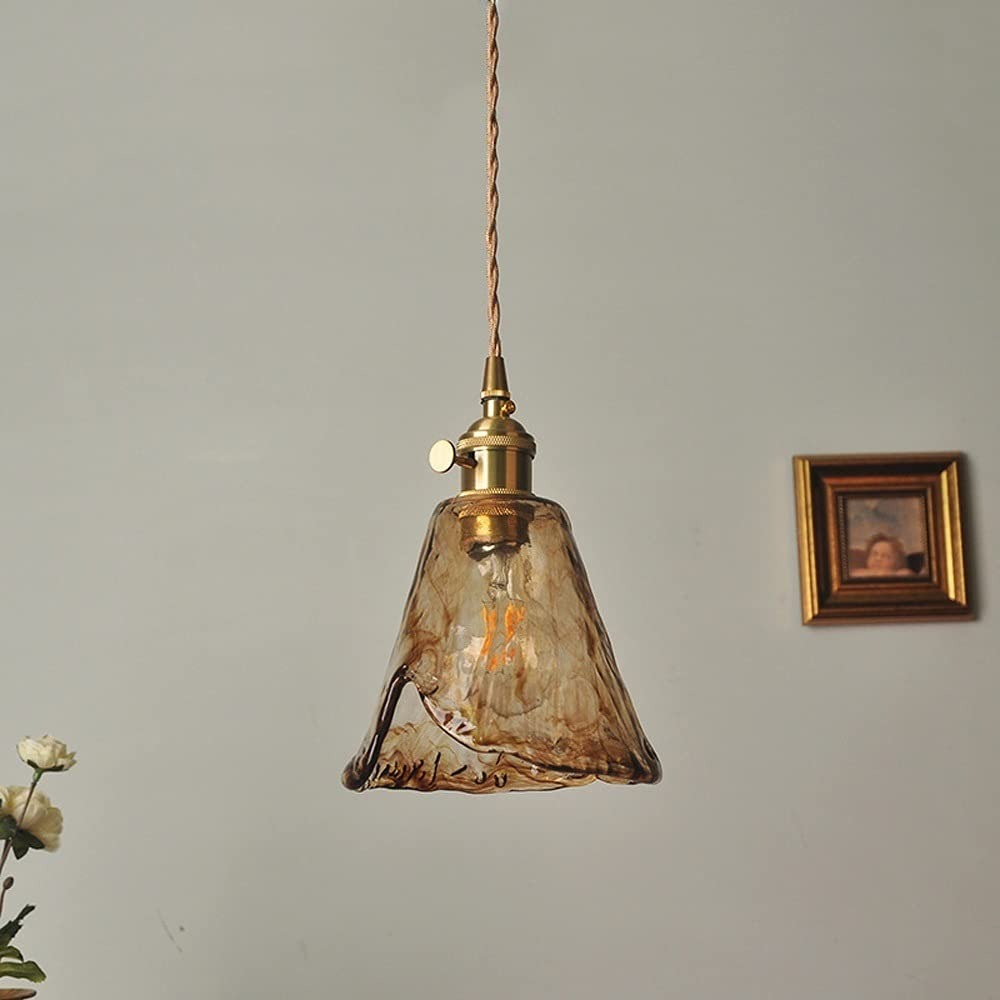Hdc Modern Eclectic Amber Glass Geometric Copper Pendant Lamp Brass For Living Room, Restaurant
