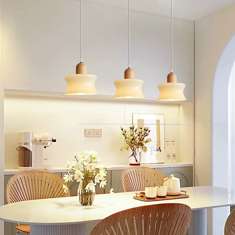 HDC Wood Dome Pendant Light Cream Glass Pendant Lighting Kitchen Island Hanging Ceiling Lamp Modern Wooden Suspended Lights for Dining Room Bedroom Bedside Living Room