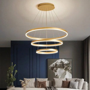 HDC 3 Light 3 Ring Gold Brushed Metal Led Chandelier Hanging Ceiling Lamp - Warm White