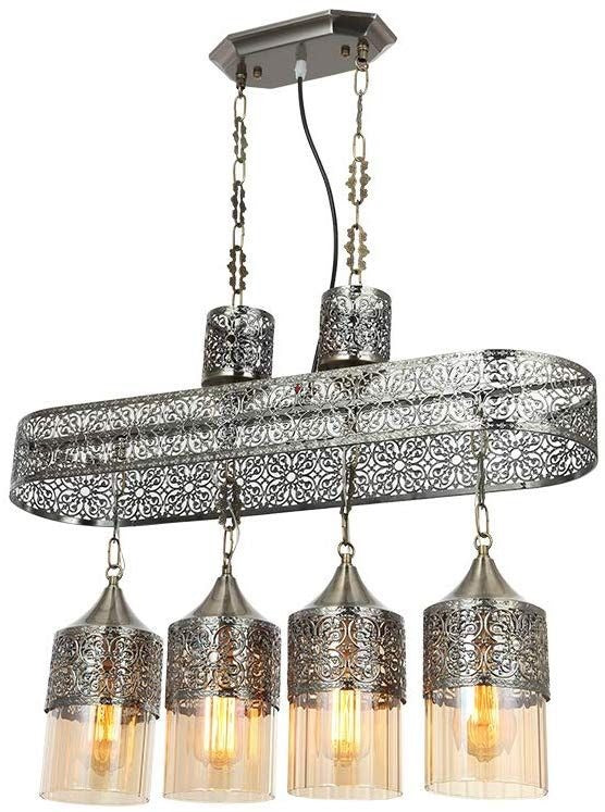 HDC Regal Filigree Amber-Glass 4-Pendant Linear Hanging Chandelier
