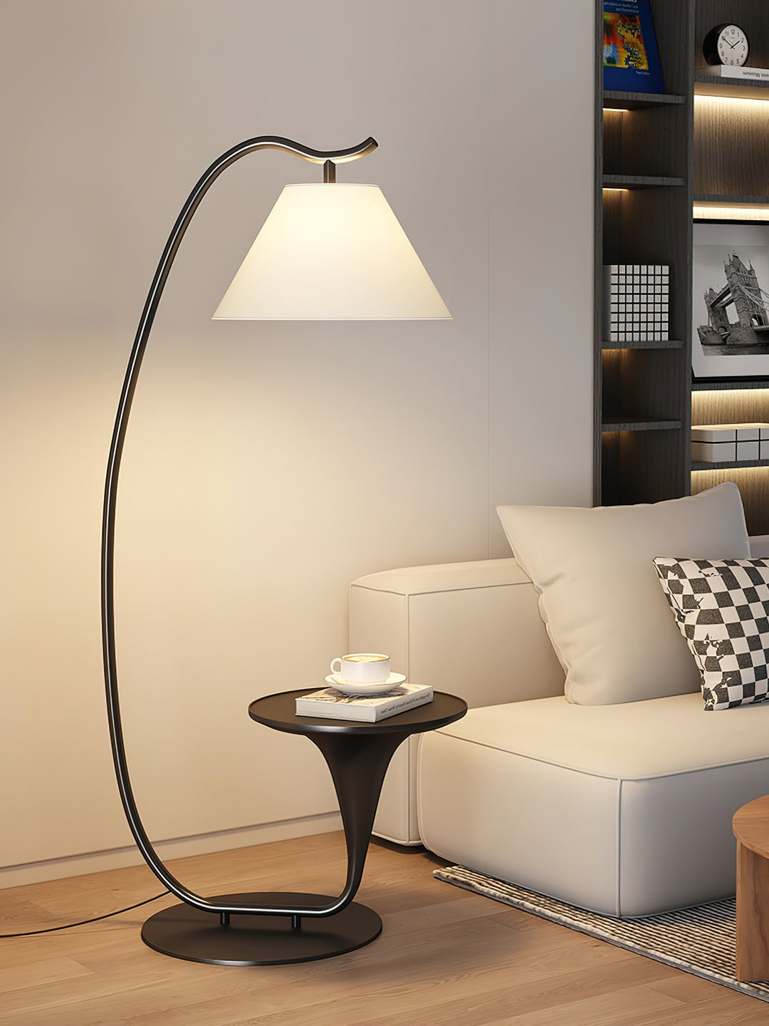 HDC Luxe Arc Shade Floor Lamp With Integrated Side Table For Living Room