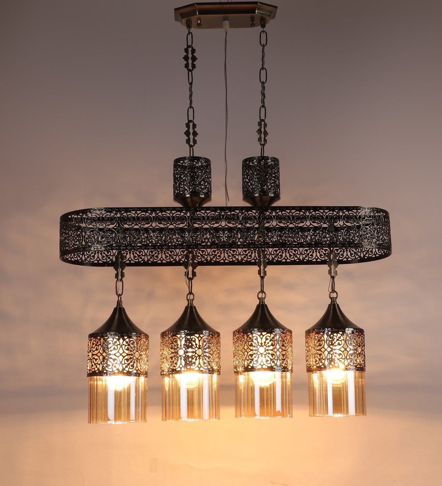 HDC Regal Filigree Amber-Glass 4-Pendant Linear Hanging Chandelier