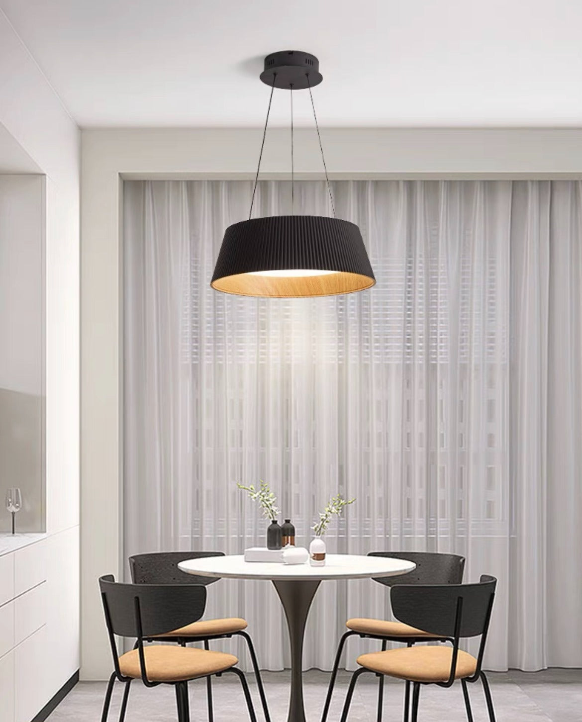 HDC WoodLine Modern Drum Pendant Light (Black & Natural Grain Interior)
