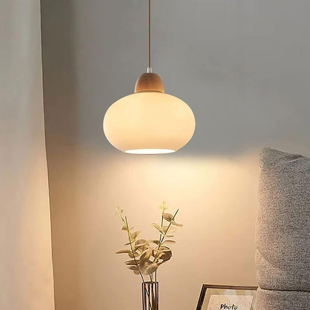 HDC Wood Dome Pendant Light Cream Glass Pendant Lighting for Dining Room Bedroom Bedside Living Room