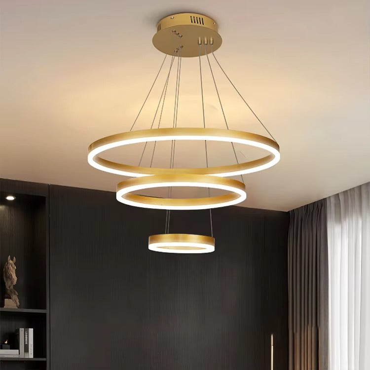 HDC 3 Light 3 Ring Gold Brushed Metal Led Chandelier Hanging Ceiling Lamp - Warm White