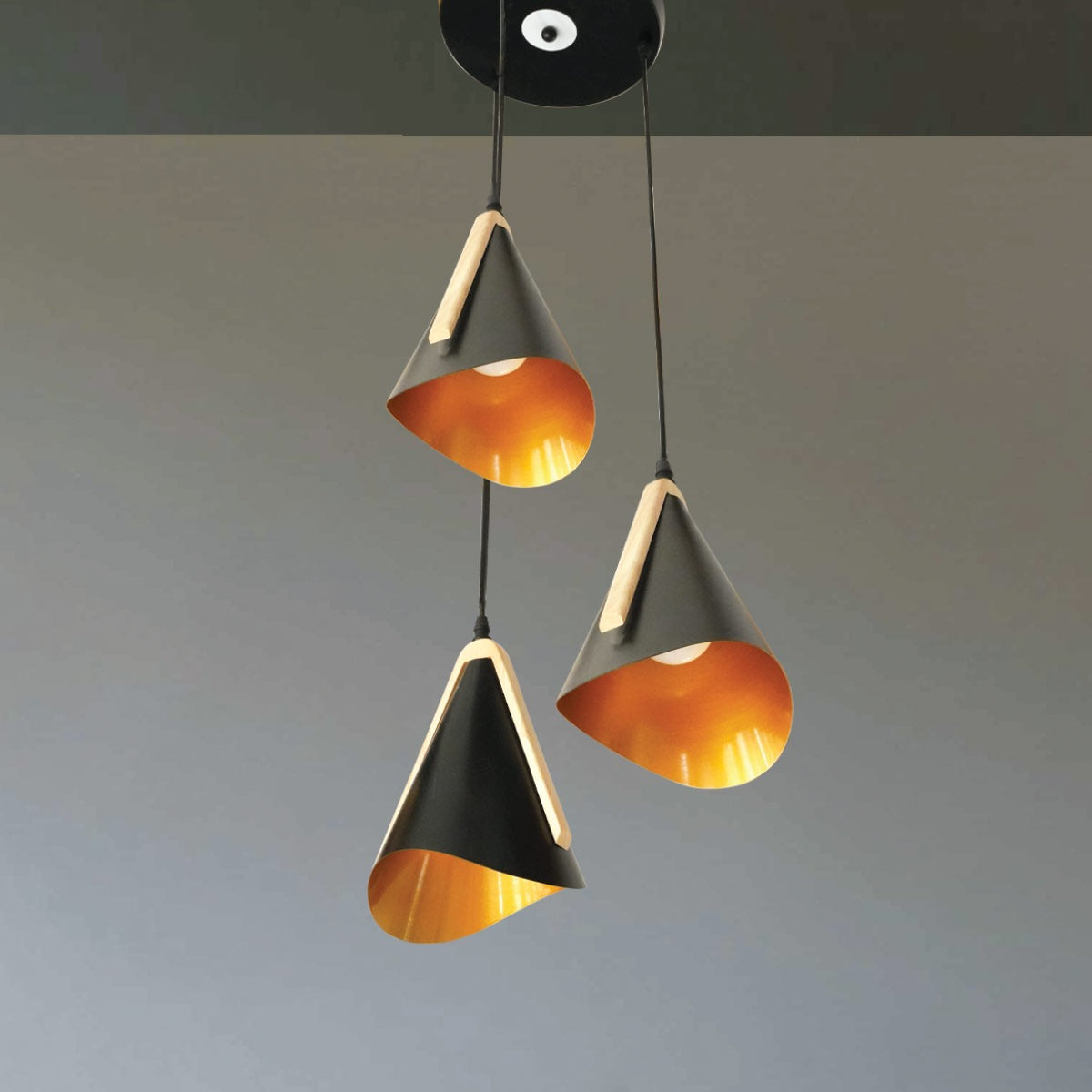 HDC Black & Gold Iron Modern Tri-Cone Pendant Light For Living Room