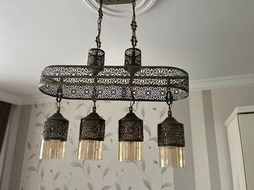 HDC Regal Filigree Amber-Glass 4-Pendant Linear Hanging Chandelier