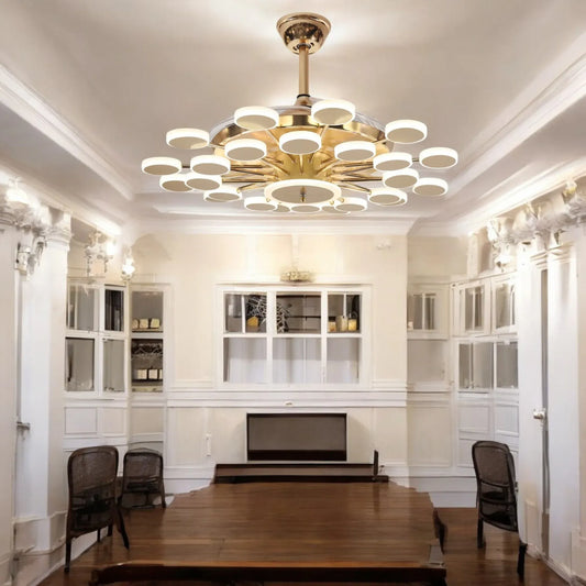 Hdc 24 Lights Gold Rings Ceiling Fan Chandelier With Remote 4 Retractable Abs Blades - Tricolor