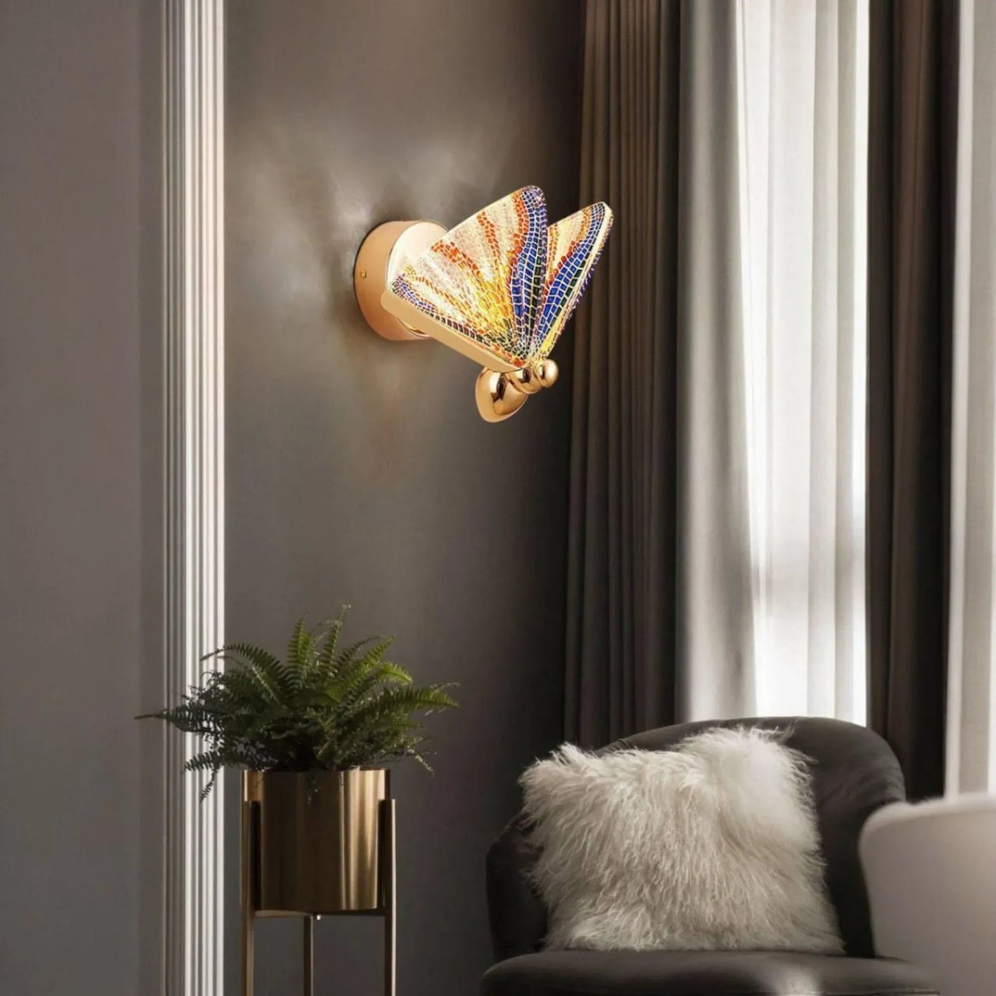 HDC Led Acrylic Multicolour Butterfly Shape Golden Metal Wall Light - Tricolor