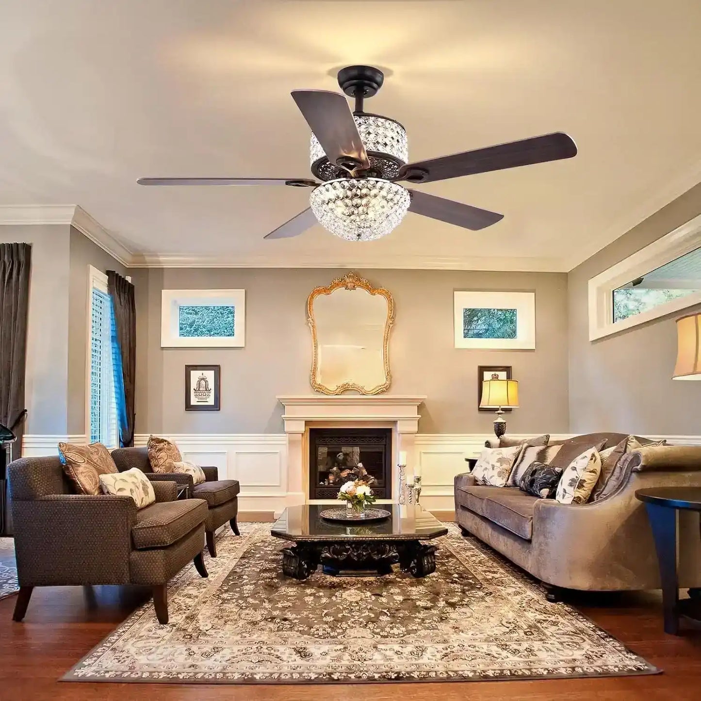 Hdc 52 inch crystal Ceiling Fan Chandelier 52 Inch Gold Light Led 3 Color Setting Control With Remote