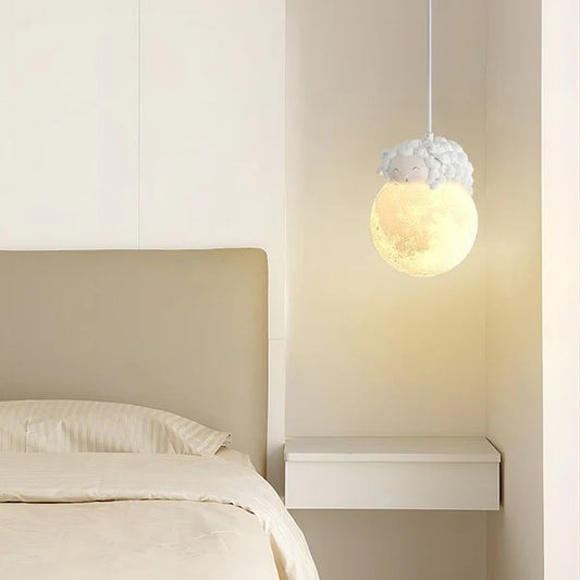 Hdc Cute Sheep Moon Creative Kids Bedroom Ceiling Lamp with Soft Warm Glow Pendant Light