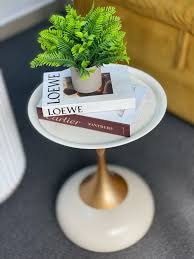 HDC Metal Side Table Tray, Small Accent Table Nightstand for Bedside Or Sofa, Round Bar Table Coffee Table for Living Room, Bedroom, Home, Office (Color : WHITE)