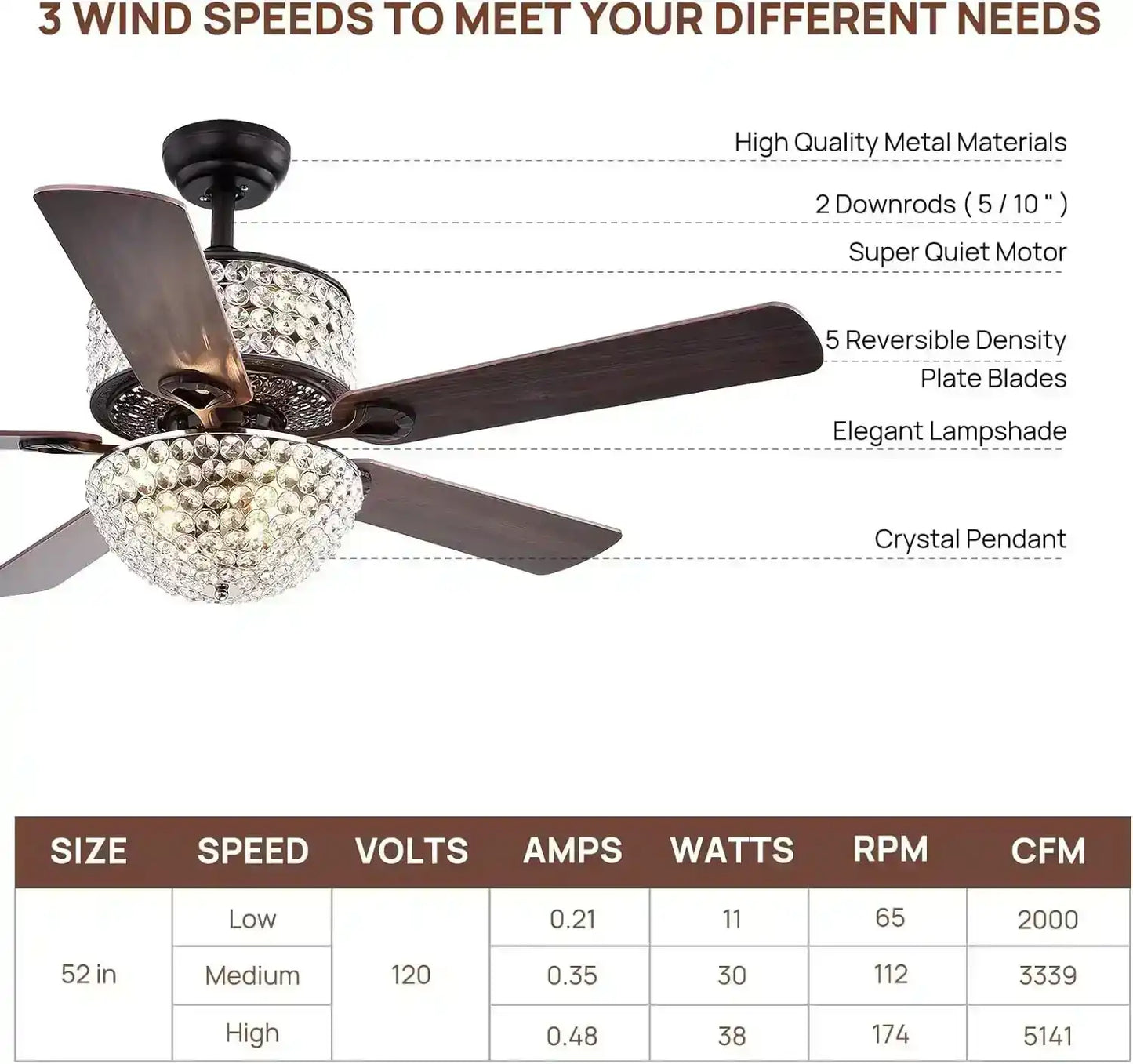 Hdc 52 inch crystal Ceiling Fan Chandelier 52 Inch Gold Light Led 3 Color Setting Control With Remote