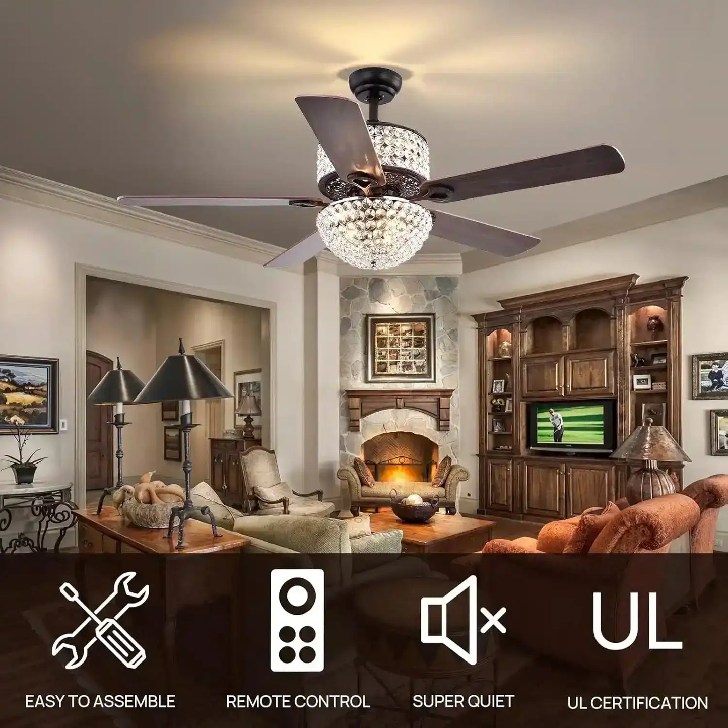 Hdc 52 inch crystal Ceiling Fan Chandelier 52 Inch Gold Light Led 3 Color Setting Control With Remote