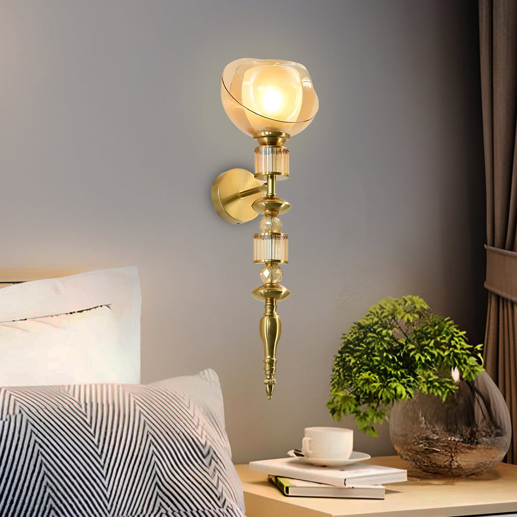 HDC Amber/Smoke Luxury Gold Crystal Glass Wall Light For Bedroom, Living Room