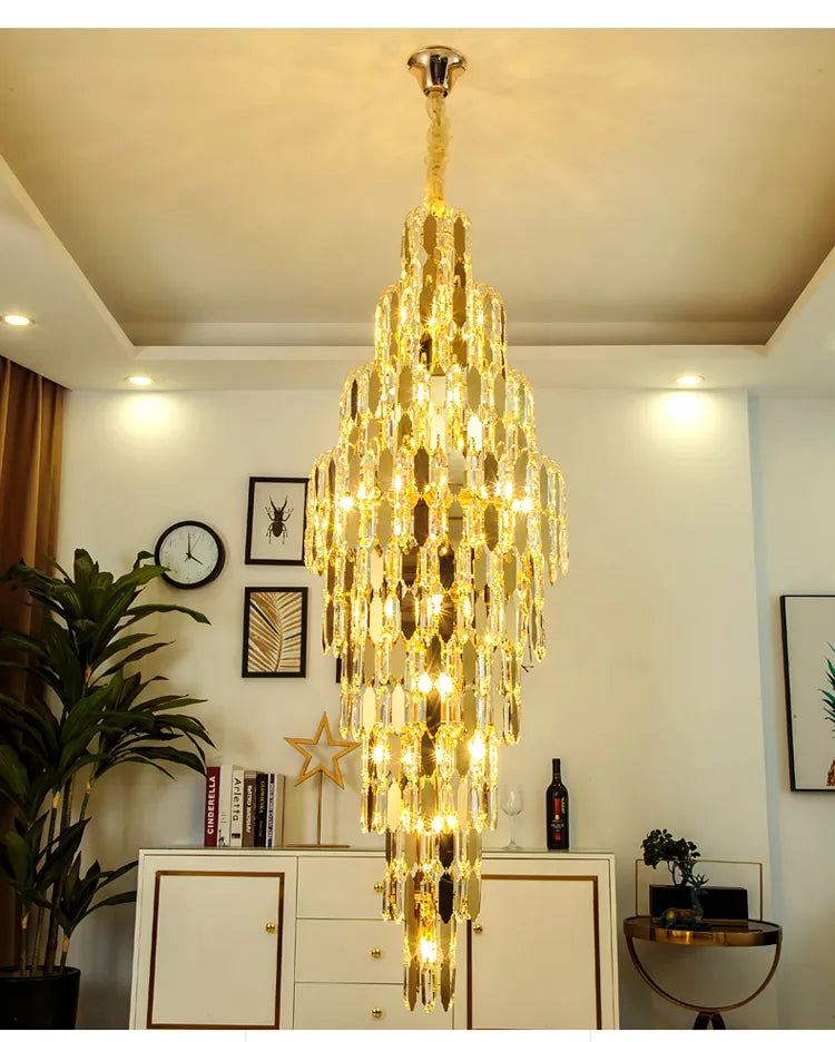 HDC LED Modern Crystal Chandeliers Lights Fixture American S-golden Big Long Luxury Chandelier