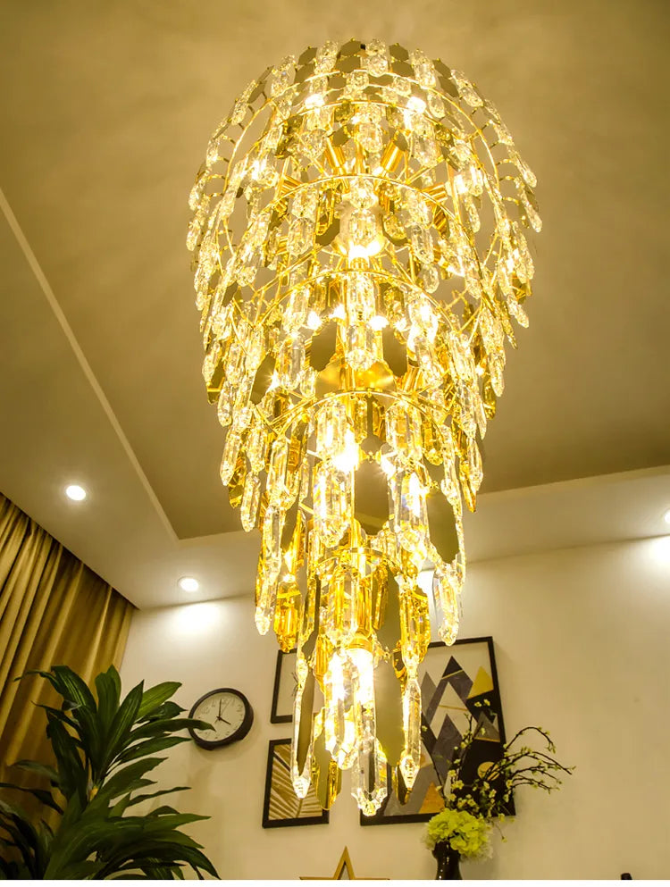 HDC LED Modern Crystal Chandeliers Lights Fixture American S-golden Big Long Luxury Chandelier