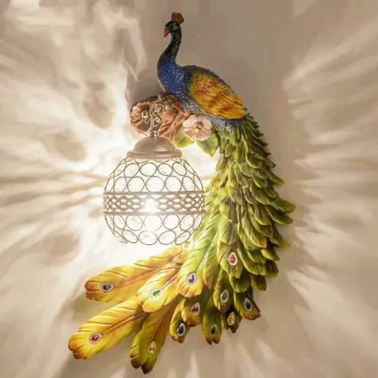 Hdc Peacock Resin Wall Mounted Led Night Lamp Antique Wall Light Lamp- Green