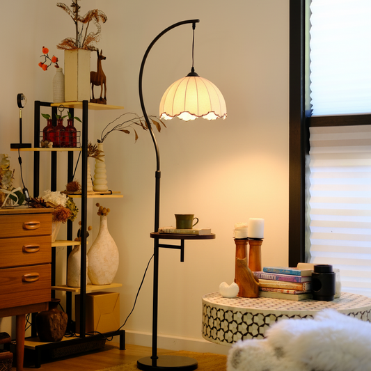 HDC Luxury Arc Floor Lamp with Side Table – Vintage Fabric Shade
