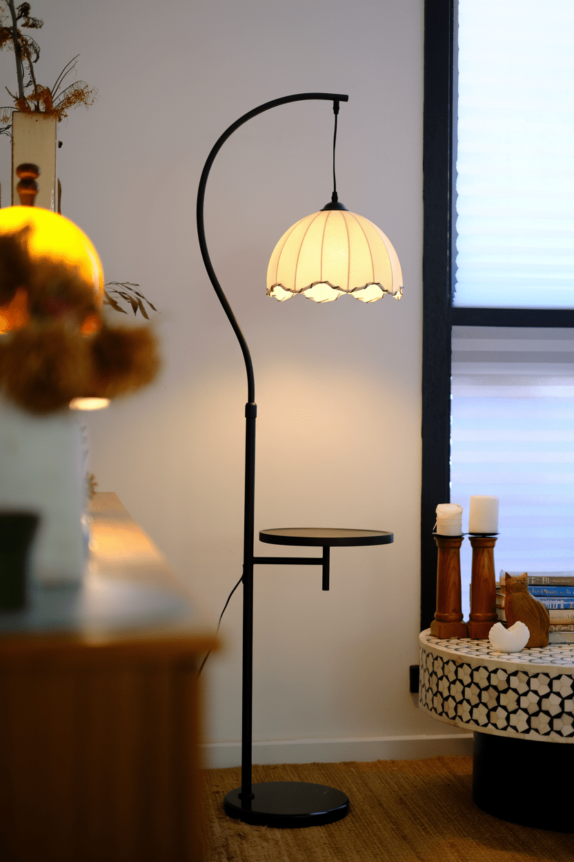HDC Luxury Arc Floor Lamp with Side Table – Vintage Fabric Shade