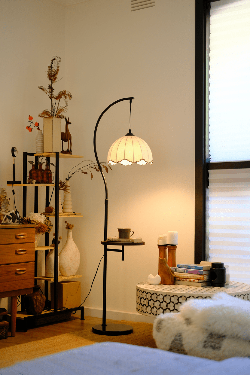 HDC Luxury Arc Floor Lamp with Side Table – Vintage Fabric Shade