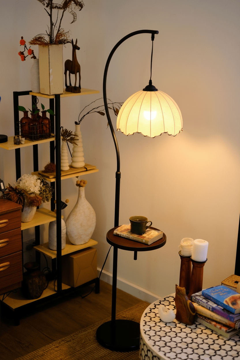 HDC Luxury Arc Floor Lamp with Side Table – Vintage Fabric Shade