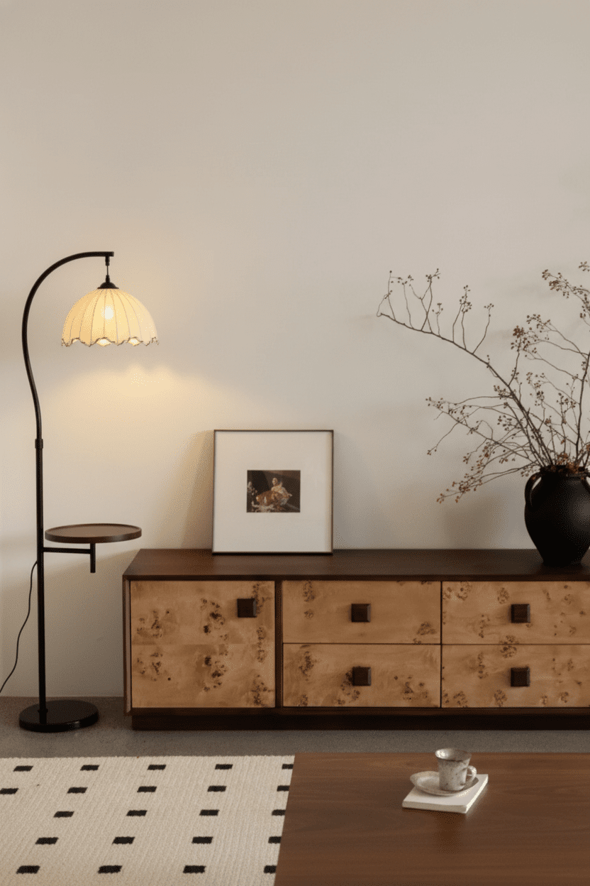 HDC Luxury Arc Floor Lamp with Side Table – Vintage Fabric Shade