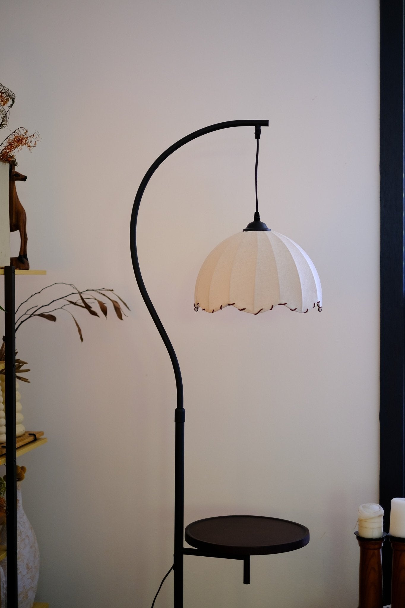 HDC Luxury Arc Floor Lamp with Side Table – Vintage Fabric Shade