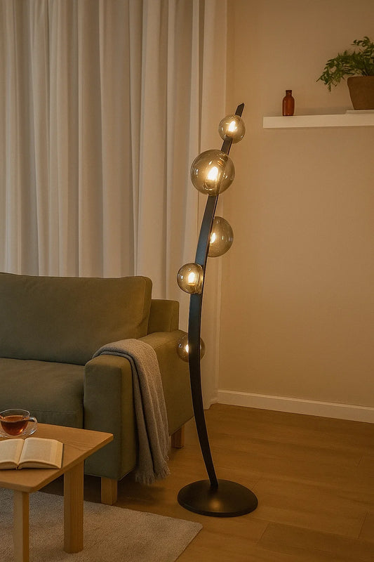 HDC Black Leather With Tinted Glass Floor Lamp For Living Room