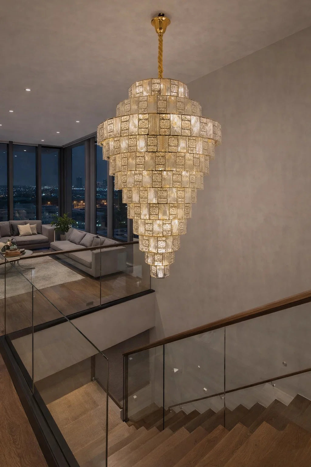 HDC 1200*1800mm Luxury Tiered Crystal Double Height Stair Case Chandelier