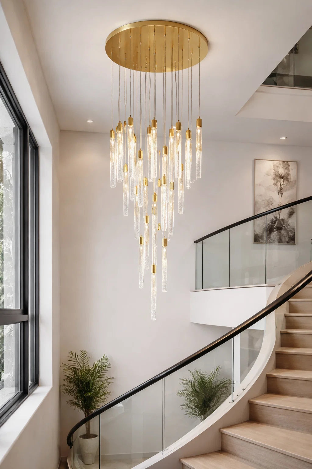 HDC 25 Lights Luxury Multi-Drop Crystal Gel LED Pendant Light with Golden Finish Double Height Chandelier For Living Room, Staircase