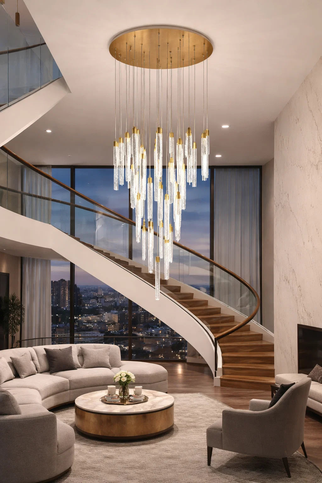 HDC 25 Lights Luxury Multi-Drop Crystal Gel LED Pendant Light with Golden Finish Double Height Chandelier For Living Room, Staircase