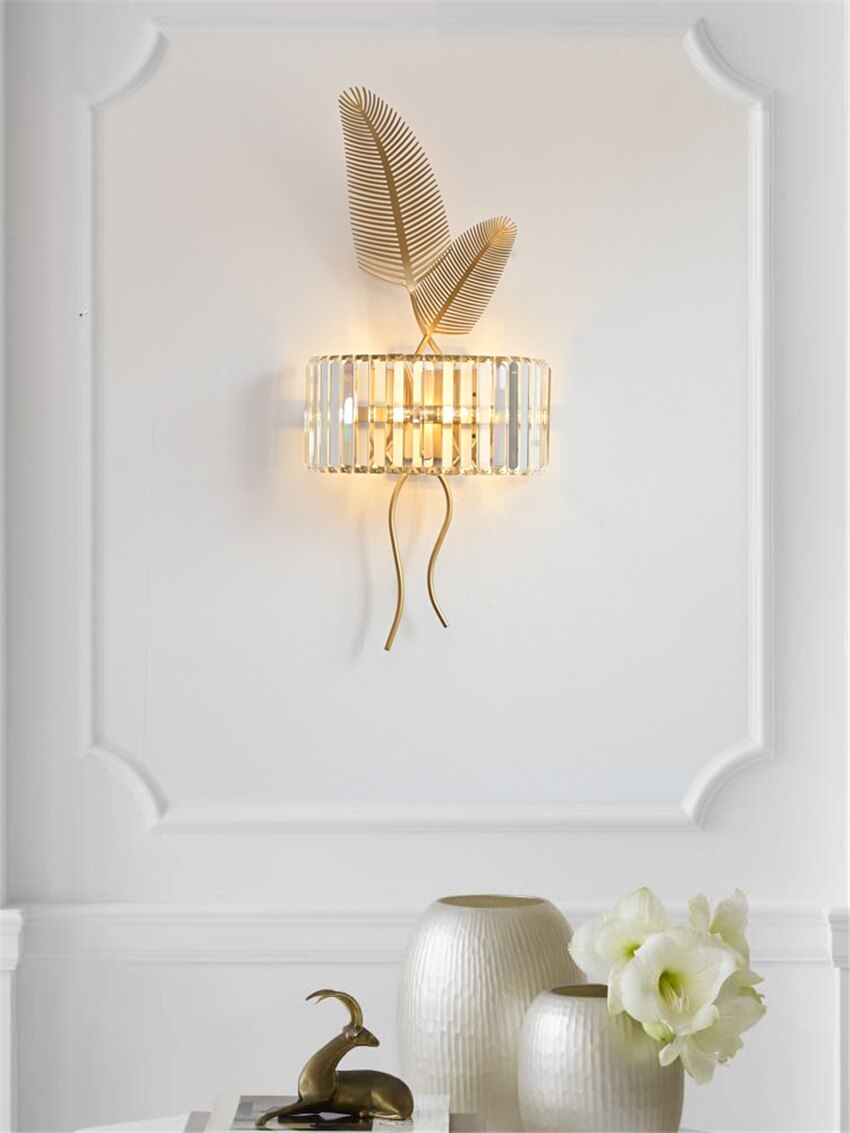 HDC American Gold Crystal Wall Lamps Bedroom Living Room Bedside Nordic Palm Leaf Luxury Study Decor Wall Sconces
