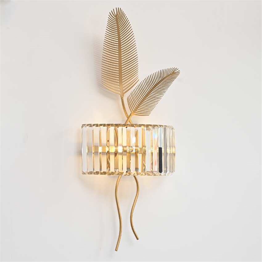 HDC American Gold Crystal Wall Lamps Bedroom Living Room Bedside Nordic Palm Leaf Luxury Study Decor Wall Sconces
