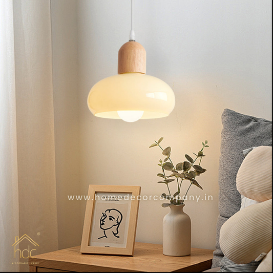 HDC Wood Dome Pendant Light Cream Glass Pendant Lighting for Dining Room Bedroom Bedside Living Room