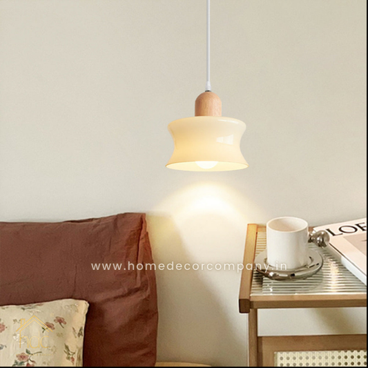 HDC Wood Dome Pendant Light Cream Glass Pendant Lighting for Dining Room Bedroom Bedside Living Room