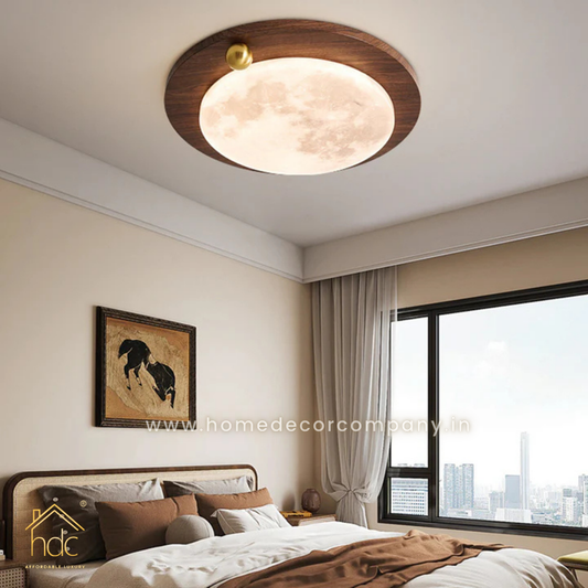 HDC Modern Minimalist Iron Imitation Walnut Wood Grain Acrylic Round Shade LED Flush Mount Ceiling Light For Bedroom